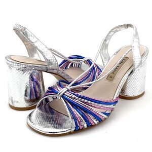Zara Silver Metallic Block Heel Strappy Sandal Colorful Disco Shoes Size 38 7.5